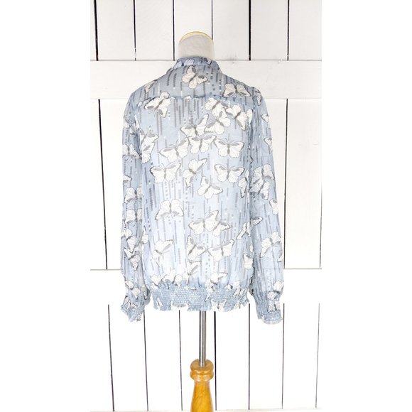 Blue white butterfly sheer billowy ruffle long sleeve blouse - Picture 5 of 5